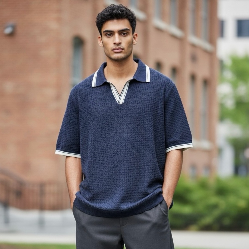Abercrombie & Fitch Navy White Ribbed Johnny Collar Sweater Polo M